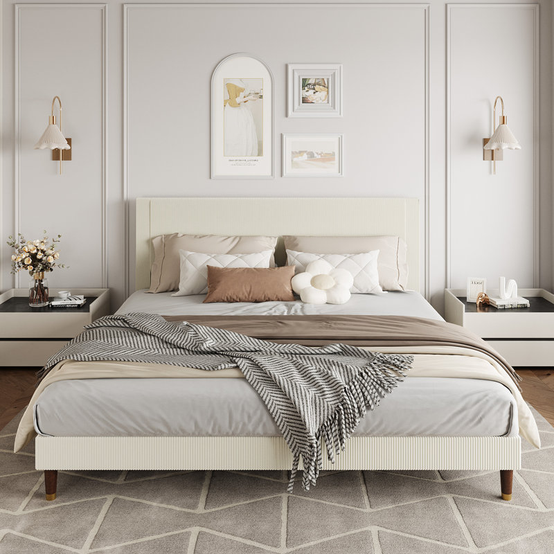 Corduroy Upholstered Platform Bed Frame with Headboard – Minimalist Style, Wooden Slats Support, Noise-Free, No Box Spring Needed, Easy Assembly – Light Cream, King Size