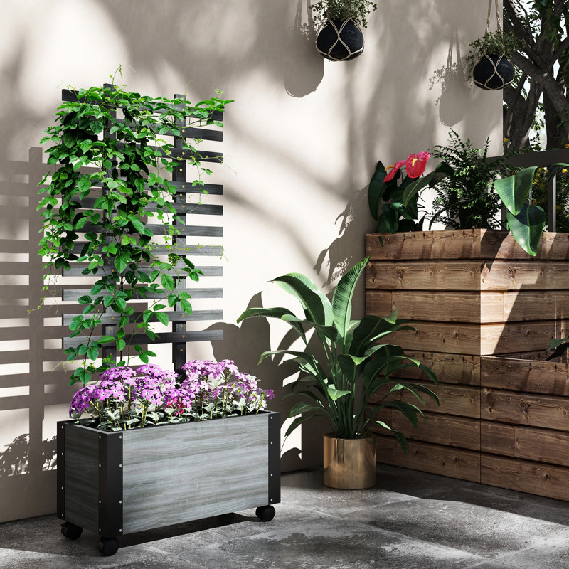 Chariot de jardin surélevé gris avec treillis et roues pour rajeunir les plantes