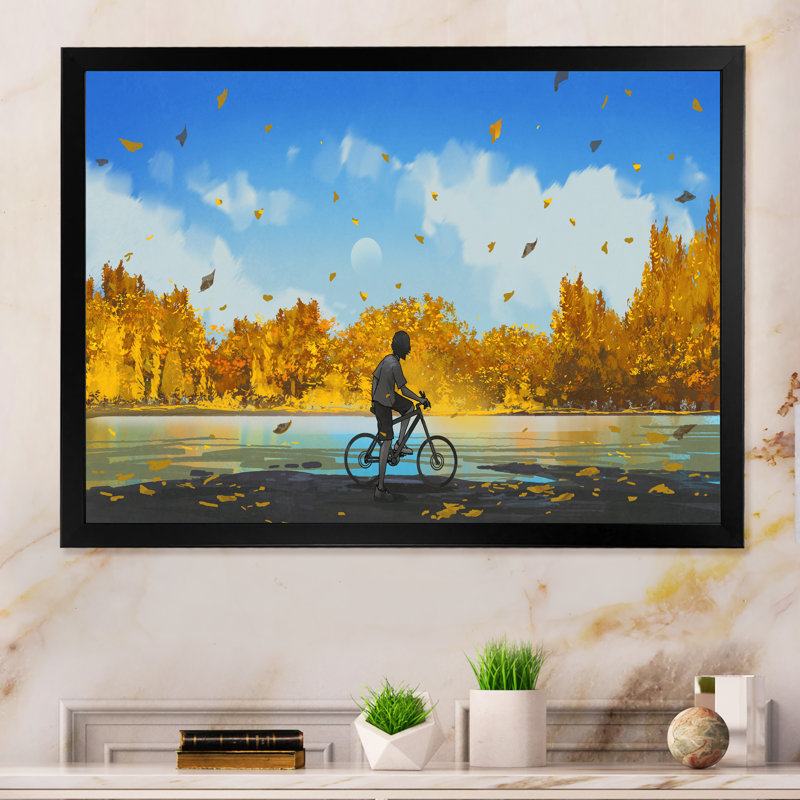 Garçon à bicyclette dans un lac en automne - reproduction sur toile, Cadre d'angle fermé noir, H 8 po x l 12 po x P 1 po