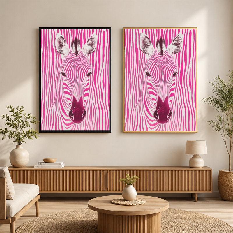 Art mural zébré rose et blanc avec cadre flottant, prêt à accrocher, 16 x 24 po, Doré