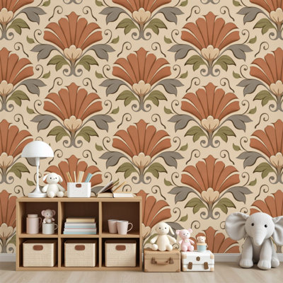 Papier peint adhésif à motif floral orange, vert, olive, vert, fleurs fanées, crème, H 69 po x l 96 po, papier peint amovible en PVC, autocollant pour chambre à coucher, bureau à domicile