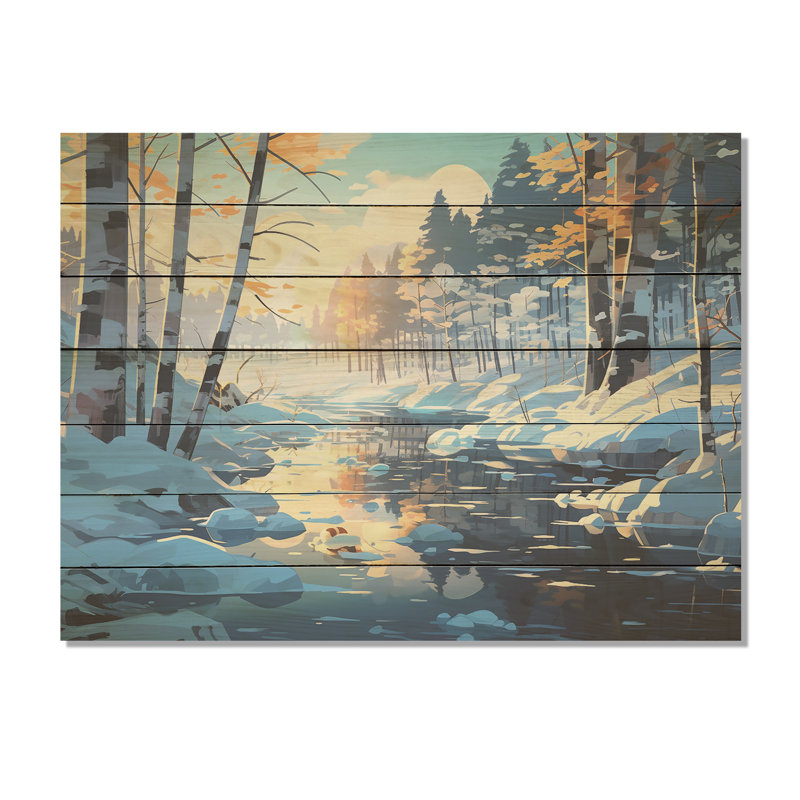 Snowy Winter Landscape River Sunrise - Paysage d'hiver sur bois, H 30 po x l 40 po x P 0,78 po
