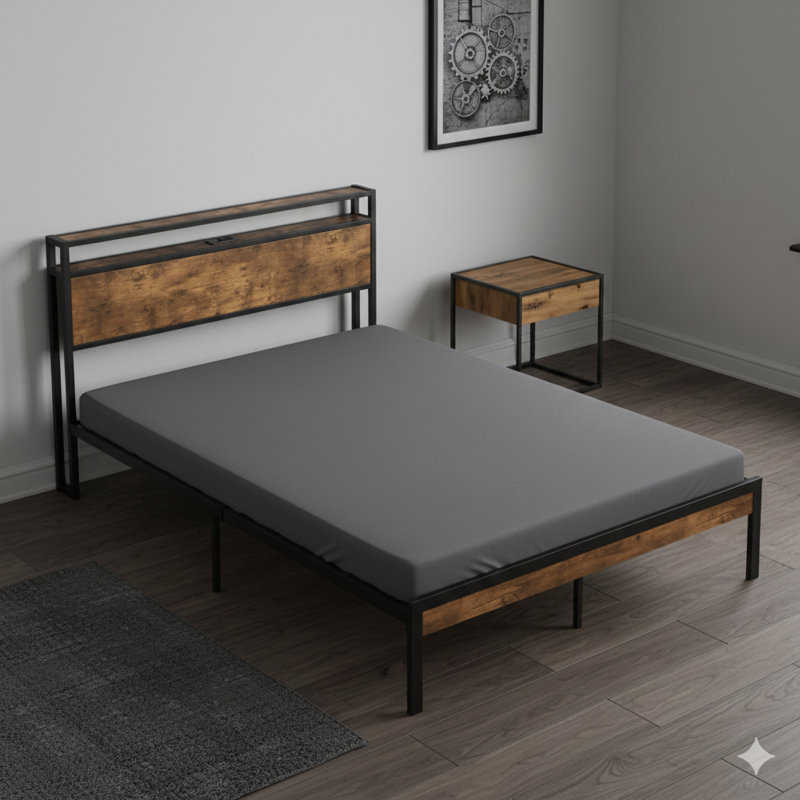 King-Sized Metal Platform Bed Frame With A Wooden Headboard And Footboard, Featuring A USB Port. No Box Spring Required, Offers Large Under-Bed Storage, And Is Easy To Assemble.