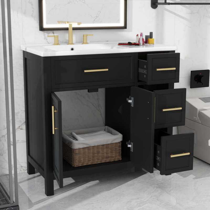 Meuble-lavabo contemporain 36 po avec lavabo et portes simples et tiroirs 36 po, Noir