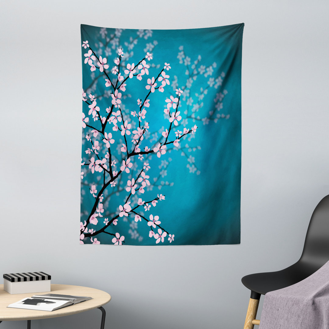 Wandteppich, Sakura Bloom-Muster, Petrolblau Blassrosa