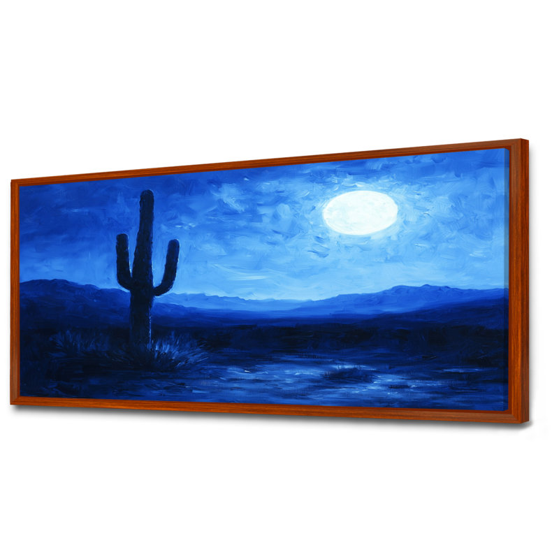 Cactus sous le désert, étoiles bleues II - cactus, art mural, H 28 po x l 60 po, Cadre flottant, Brun