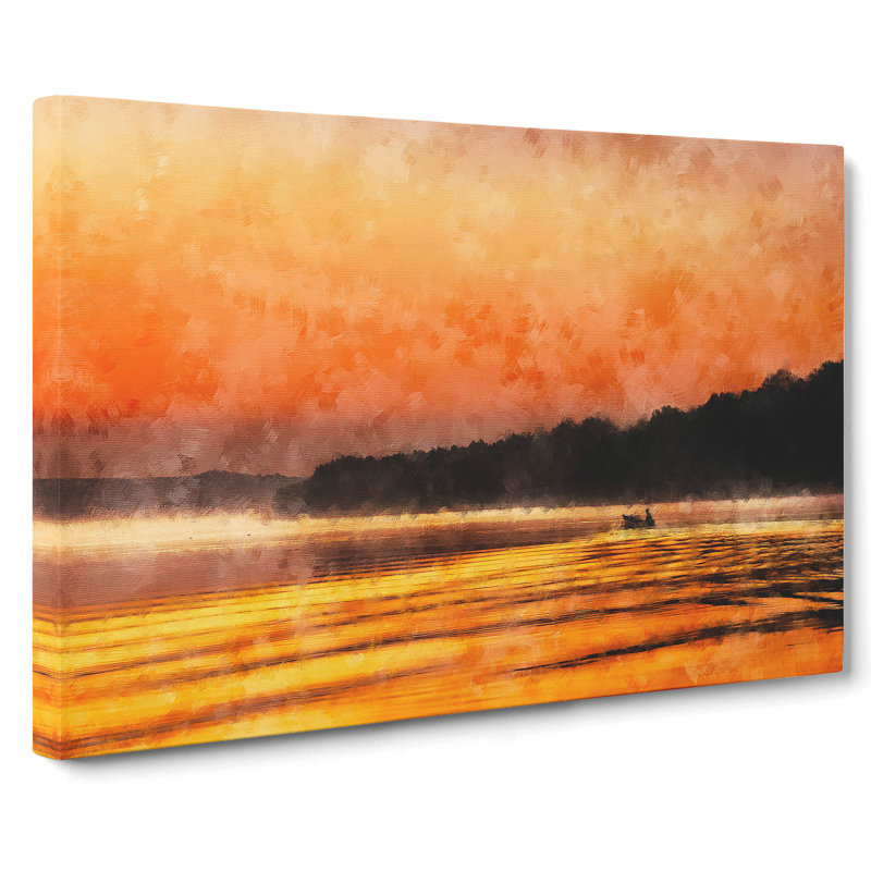 Boat Under An Orange Sunset - Wrapped Canvas Painting, 50cm H x 76cm W x 3cm D