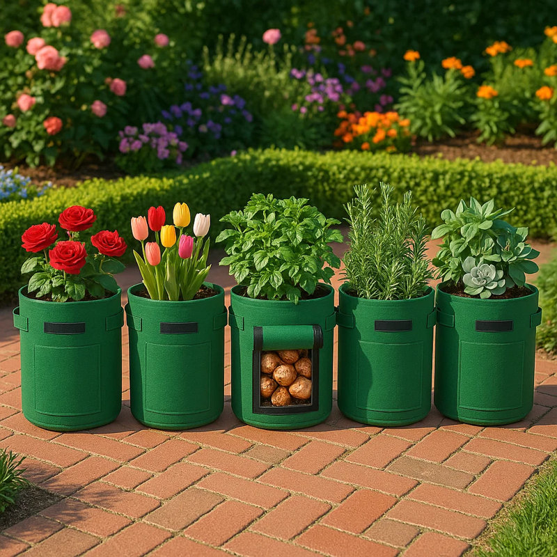 17.7″ 10-Gallon Green Fabric Potato Grow Bag with Side Window – Extra-Large Reusable Planter Pot for Root Vegetables, Green
