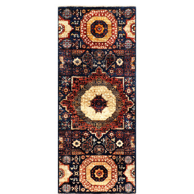 Hand-Knotted High-Quality Navy, Red, and Beige Runner