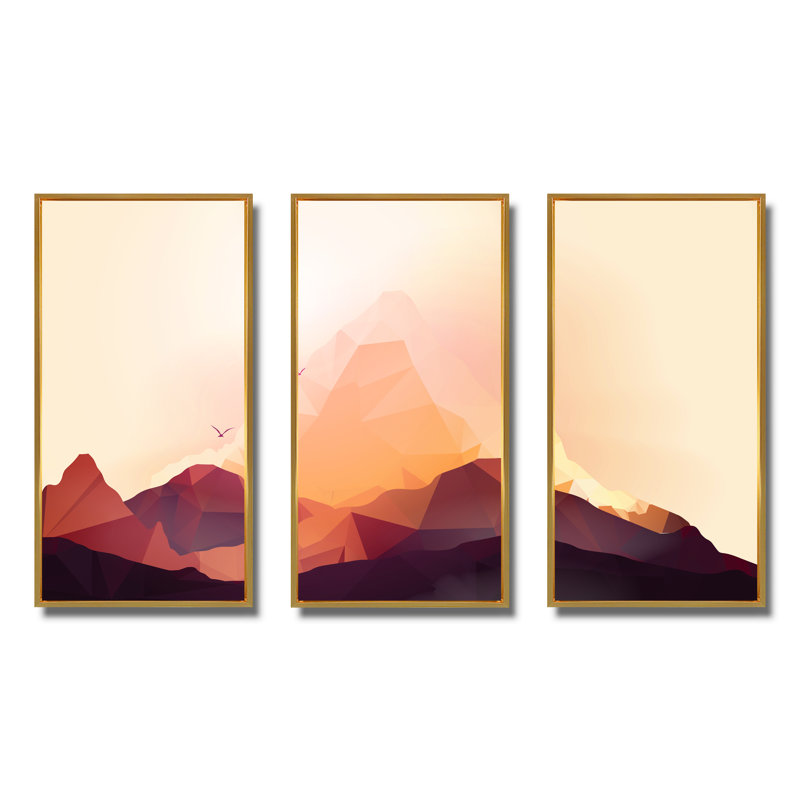«Geometric Mountain And Sunset I», ensemble d'art mural sur toile encadré champêtre, H 32 po x l 48 po, Or