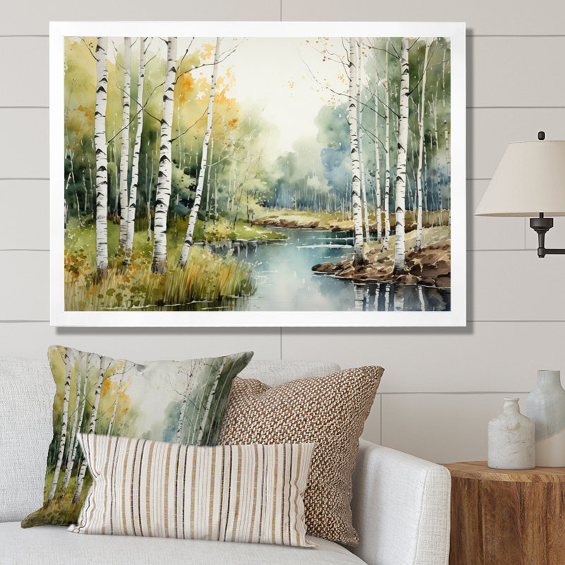 Birch Woods Silent Woods II - arbre, art mural Birch, H 16 po x l 32 po x P 1 po, Cadre simple blanc