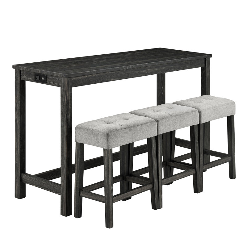 Ensemble de table de bar avec prise de courant, ensemble de table de bar et chaises, ensemble de table de salle à manger 4 pièces, ensemble de table de petit-déjeuner industriel, pour salon, salle à manger, salle de jeux