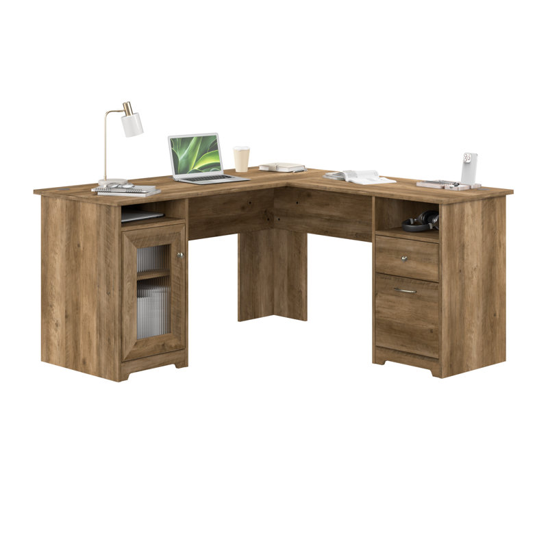 Bureau d'ordinateur en L 60 W avec rangement en pin récupéré, Pin récupéré