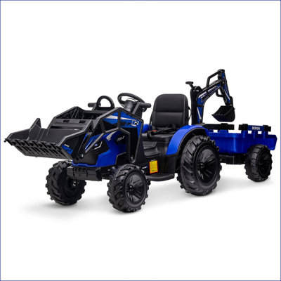 3 in 1 Ride on Tractor, Excavator & Bulldozer, 24V Electric Vehicle w/Trailer, Shovel Bucket, Digger, Remote Control, EVA Tire, LED Light, Music, USB