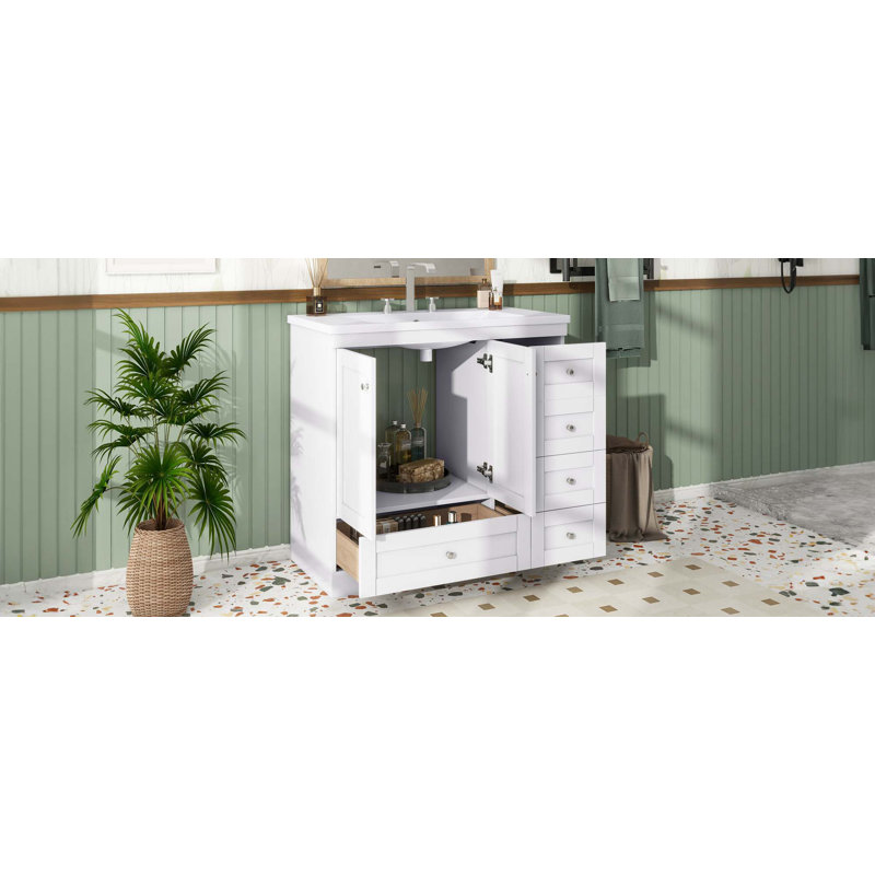 Meuble-lavabo autoportant de style Shaker avec lavabo, 4 tiroirs à fermeture en douceur et 2 portes à fermeture en douceur