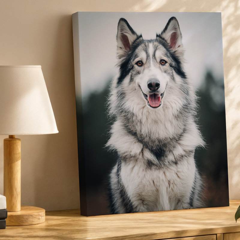 Toile, "Un majestueux chien moelleux avec un art mural gris et blanc saisissant", H 12 po x l 9 po