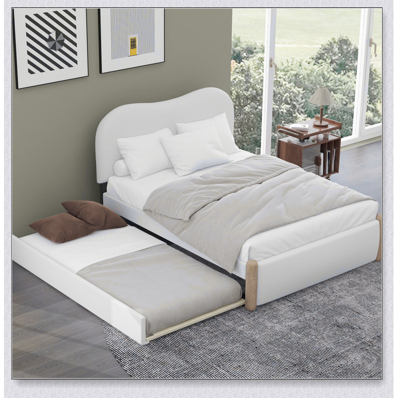 Lit plateforme tapissier avec pieds de soutien en bois et lit gigogne, Double
