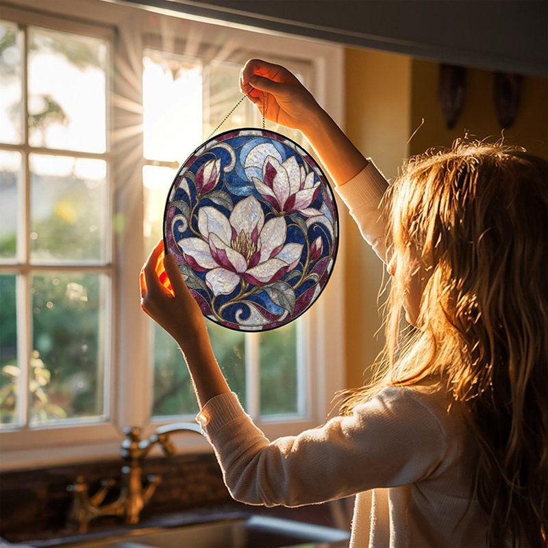 Vitrail Fleur de magnolia, impression d'art circulaire, panneaux de vitrail, attrape-soleil pour la décoration de fenêtre
