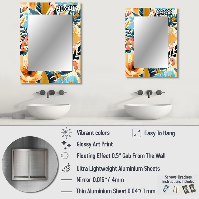 Aldborough clair couleur fleurs dans un motif tropical - miroir tropical, 32 po x 24 po