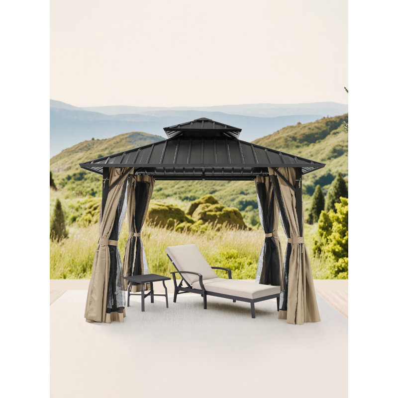 SeeHill 10' x 10' Hardtop Gazebo, Aluminum Frame Outdoor Patio Gazebos with Netting and Curtains, Outdoor Gazebo Canopy, Patio Pergola with Double Steel Roofs for Backyard, Patio, Deck, Sandstone