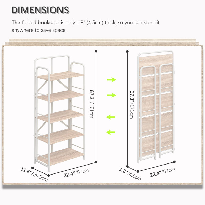 Bibliothèque pliante, (5 tablettes) H 67,3 po x l 22,4 po x P 11,6 po, Naturel