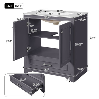 Meuble-lavabo de luxe 30 po avec lavabo en céramique, meuble-lavabo avec 2 grandes portes à fermeture douce, meuble de rangement en bois massif