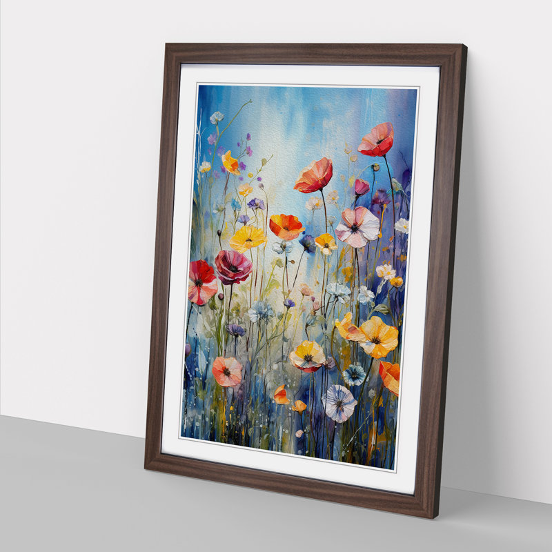 Wildflowers Tachisme Art - Framed Print, 64cm H x 46cm W, Walnut Framed