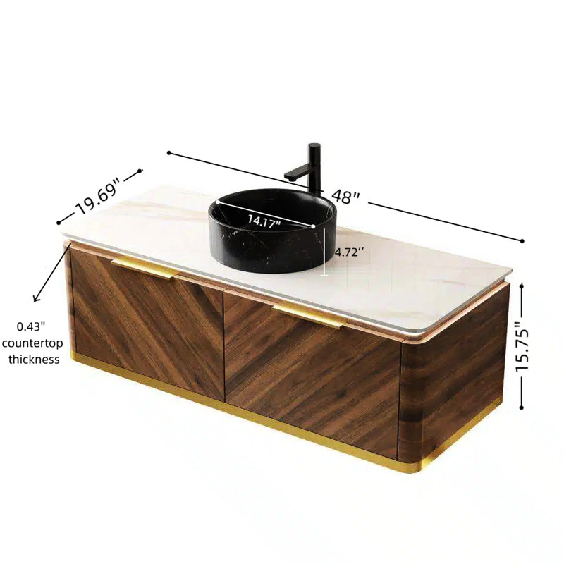 Meuble-lavabo de 48 po, lavabo avec motif en pierre noire, tiroirs d'armoire flottants, poignée dorée, capteur, comptoir fritté, noyer foncé, lavabo avec meuble