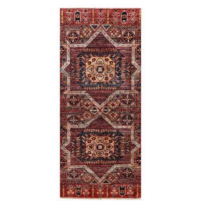 Hand-Knotted High-Quality Red and Navy Runner
