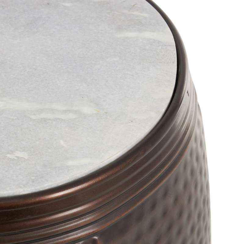 Copper Hammered Barrel Side Table with White Marble Top - 16"x19"