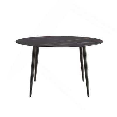 Table de salle à manger ronde 53,15 po en pierre artificielle noire avec pieds en métal noir - peut accueillir 6 personnes