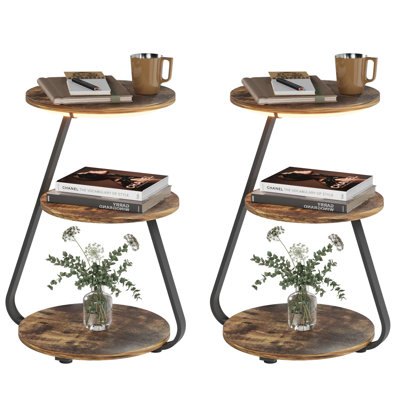 Modern 3-Tier Round Bedside Table with Adjustable LED Lighting, Small Accent Storage Table for Sofa Side & Lounge