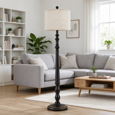 Farmhouse Floor Lamp for Living Room, Rustic Standing Lamp with Bamboo-Textured Linen Shade, Weighted Anti-Tip Base, Vintage Carved Resin Body, E26 Socket, Tall Lamp for Bedroom and Home Office