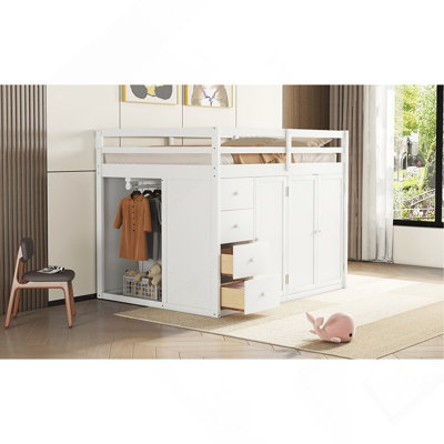 Full Size Loft Bed With Built-in Wardrobes, Cabinets and Drawers, White