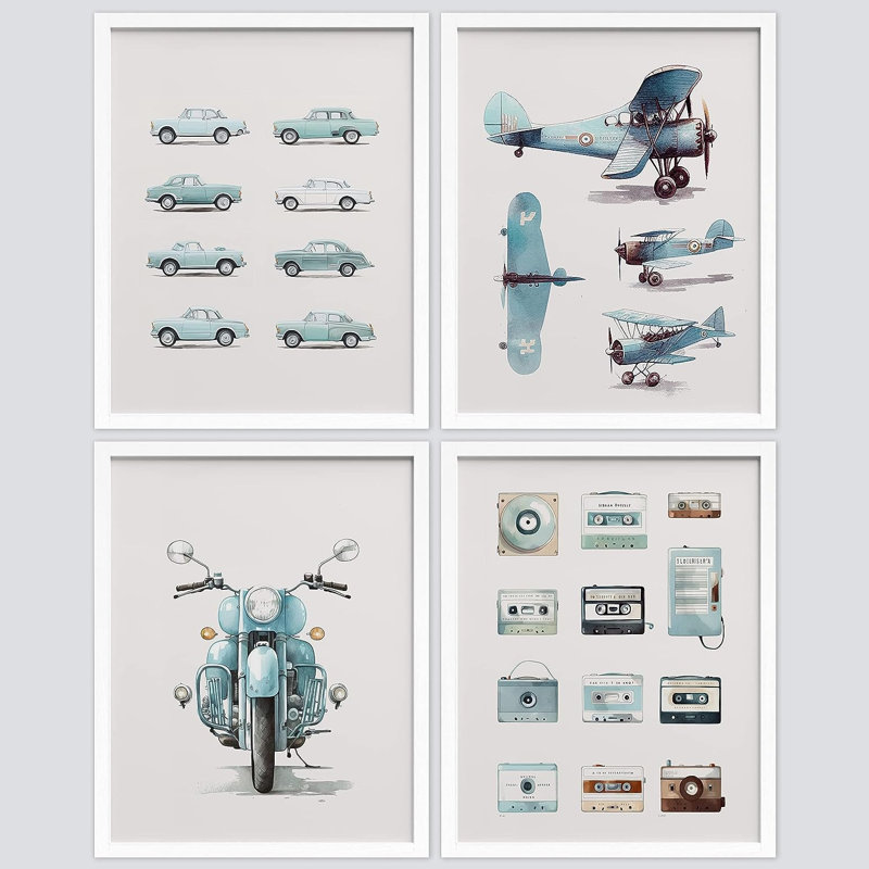 Rétro rétro, collage de voiture et avion 4 pièces, H 10 po x l 8 po x P 1 po, Cadre blanc