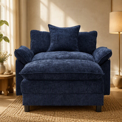Fauteuil d'appoint rembourré en chenille 44,5 po avec repose-pieds 44,5 po, fauteuil de lecture pour chambre à coucher, chenille bleue