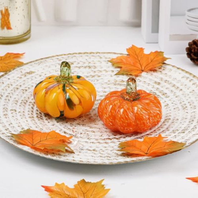 Ensemble de décorations d'automne en verre et citrouille - 2 citrouilles soufflées à la main pour des décorations d'automne, Halloween, action de grâce, centre de table de récolte, décorations d'automne