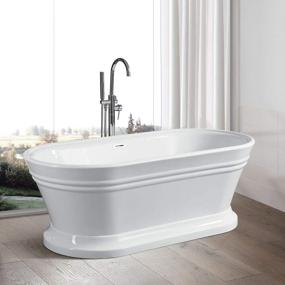 Athena 59" Freestanding Soaking Acrylic Bathtub, White/Classic Chrome