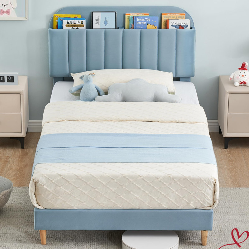 Twin/Twin XL Bed Frame with Storage Headboard Velvet Upholstered Platform Bedframe for Kids No Box Spring Needed