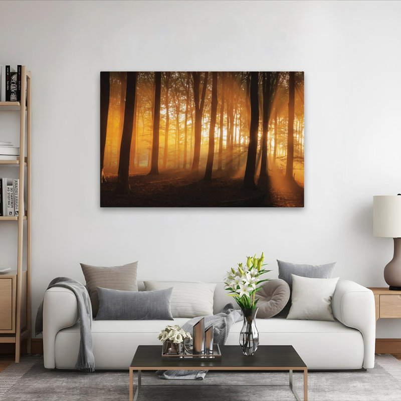 Nature's Glow - Forêt contemporaine au lever du soleil, rayons de soleil à travers les arbres, heure dorée, art des bois