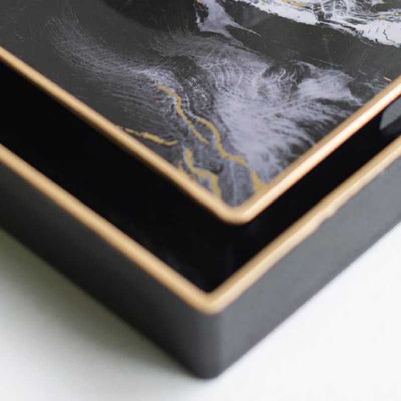 Fara Rectangular Tray Set Of 2, Marble Design, Cutout Handle, Black Plastic, Black/White/Gold