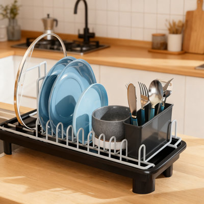 Dish Drying Rack With Drainboard, Extendable Spout Strainer, Adjustable Pot Lid Holder, Large Capacity Kitchen Counter Organizer, Tool-Free Assembly