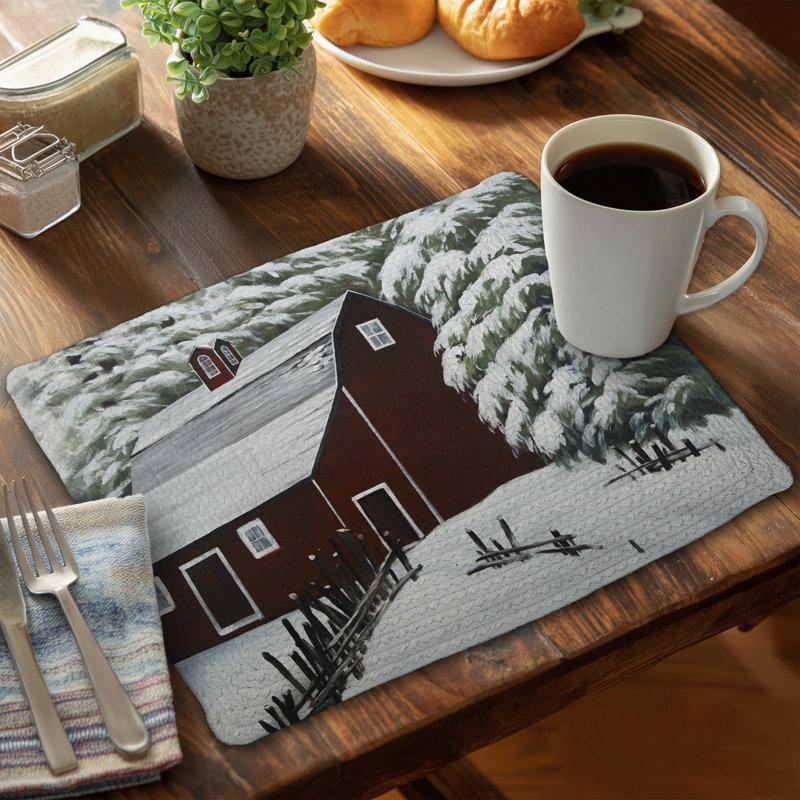 Rustic White Braided Placemat - Red Barn in Snow Home Decor