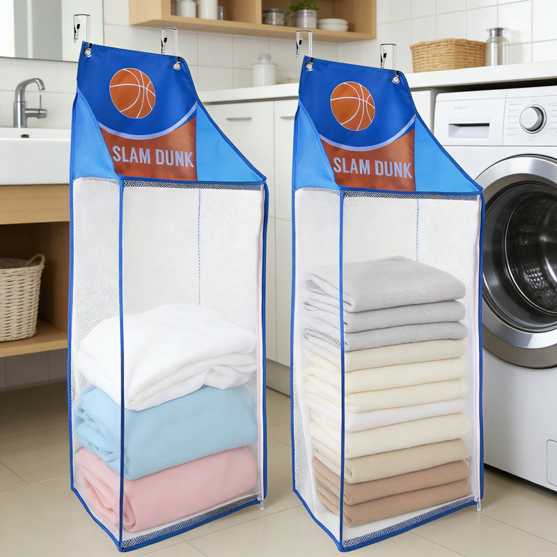 2 Pack Over The Door Laundry Hamper, Foldable Mesh Basketball Design Hanging Storage Basket For Clothes, Toys, And Towels - Space Saving Organization Solution