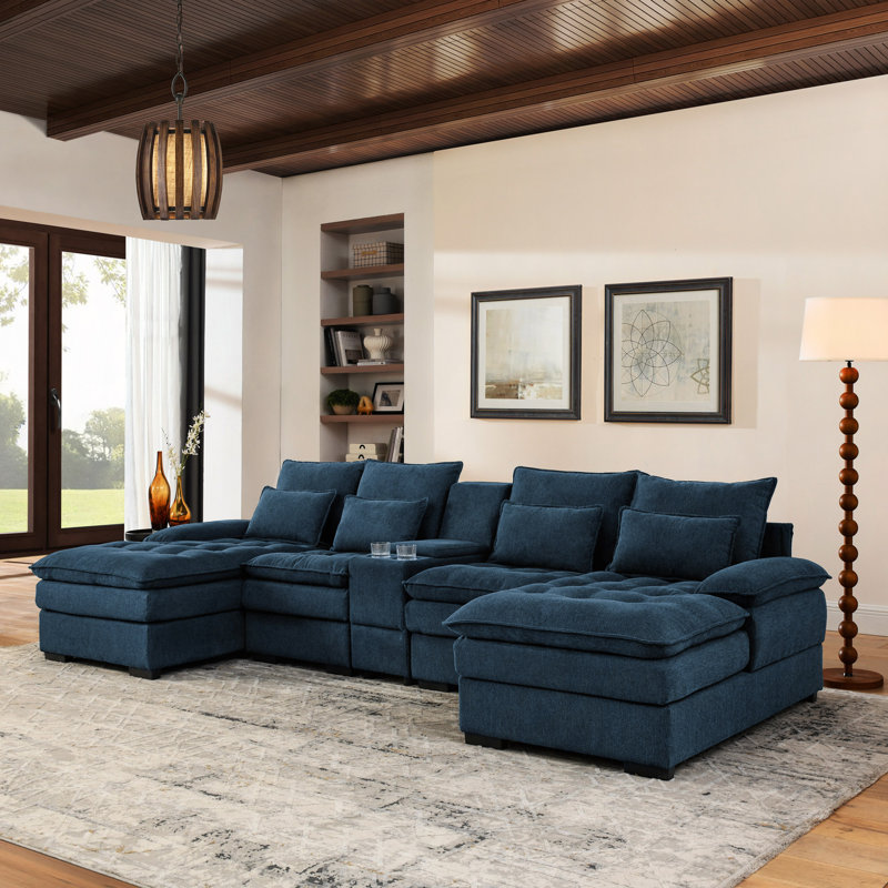 130" U-Shaped Sofa With Console,Cupholders,6-Seat Upholstered Primary Living Space Furniture,Sleeper Couch Set With Chaise For Living Room,Apartment