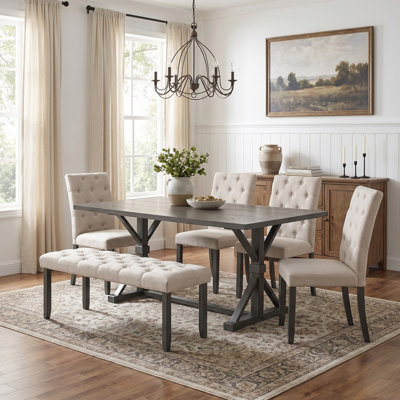 6-Piece Farmhouse Dining Table Set, Solid Wood Dining Set with Rectangular Trestle Table and 4 Upholstered Chairs & Bench for Dining Room and Kitchen