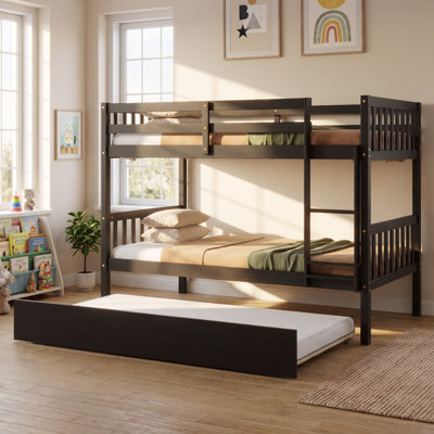 Lit superposé en bois d'hévéa avec lit gigogne escamotable, conversion pour lit double amovible, échelle sécuritaire et garde-corps supérieurs