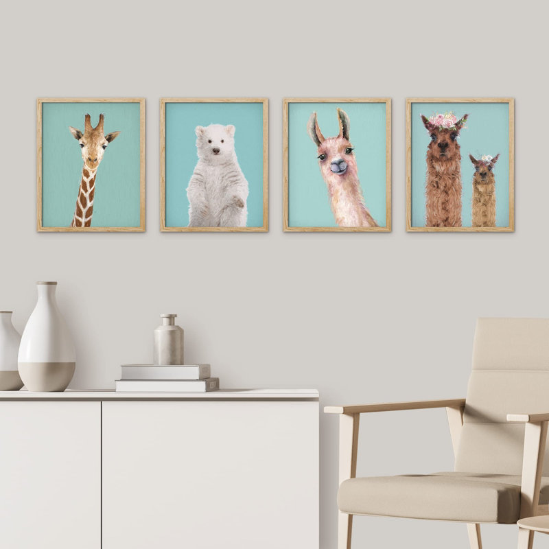 Chambre d'enfant - Pépinière de lama, girafe encadrée sur papier, impression de 4 pièces, Naturel, H 10 po x l 8 po