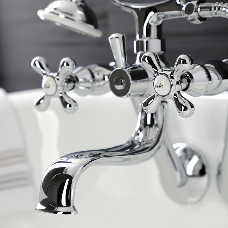 Kingston Brass Kingston Three-Handle 2-Hole Tub Wall Mount Clawfoot Tub Faucet with Handshower, Polished Chrome