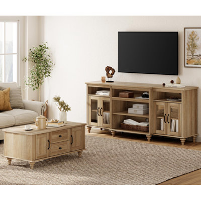 2 Piece TV Stand And Coffee Table Set For Living Room With Storage Cabinet, Oak
